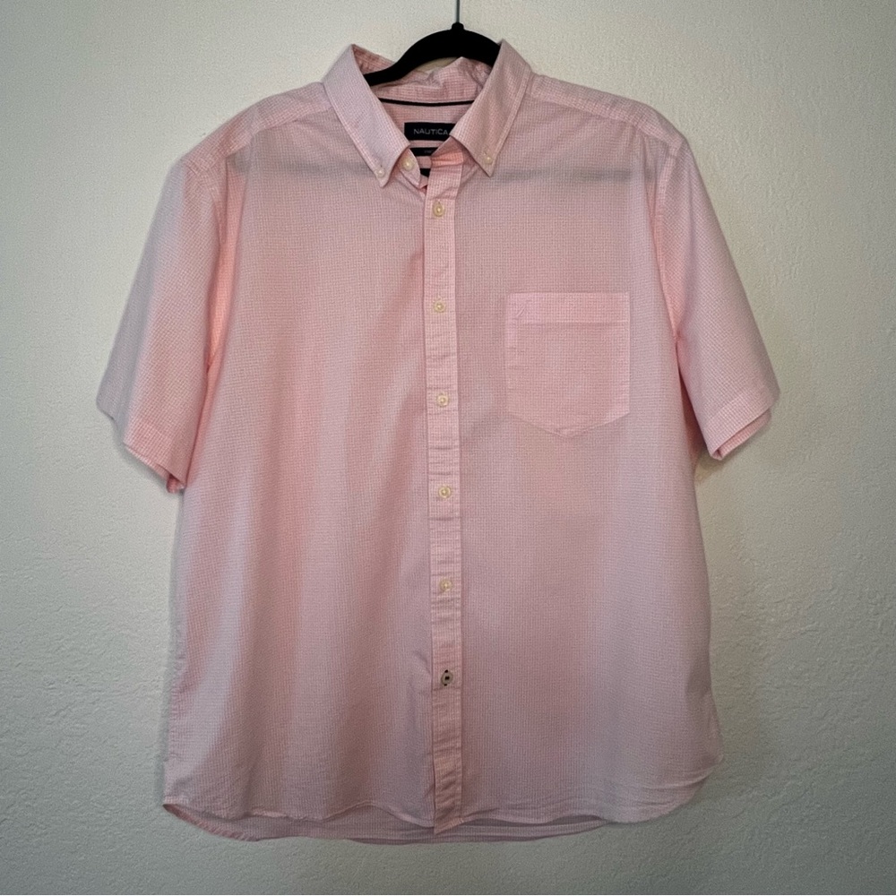 Nautica Classic‎ Fit Short Sleeve Button Up Stretch Shirt Pink Gingham Men’s XL